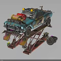 Turquoise Modified Car On Repair Lift With Yellow Engine Parts And Mechanical Tools