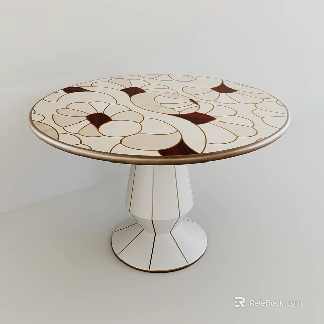 Round Dining Table With Inlaid Flower Pattern And White Geometric Base 3d model 