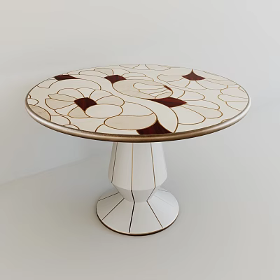 Round Dining Table With Inlaid Flower Pattern And White Geometric Base 3d model