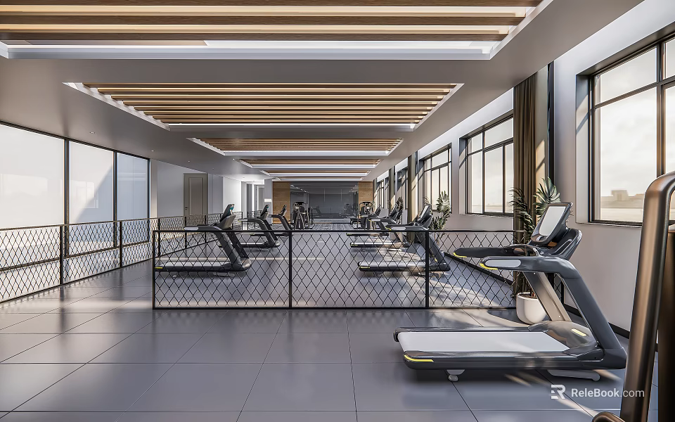 Modern Fitness Gym With Treadmills Large Windows Wooden Ceiling And Metal Fence 3d model 