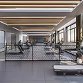 Modern Fitness Gym With Treadmills Large Windows Wooden Ceiling And Metal Fence
