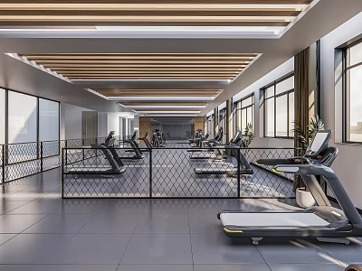 Modern Fitness Gym With Treadmills Large Windows Wooden Ceiling And Metal Fence 3d model