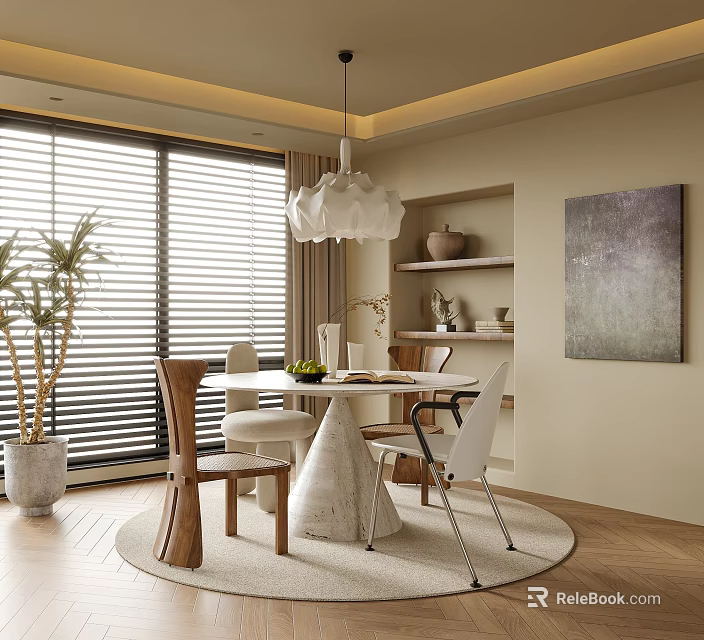 Elegant Modern Restaurant Interior With Round Dining Table White Pendant Light And Window Blinds 3d model