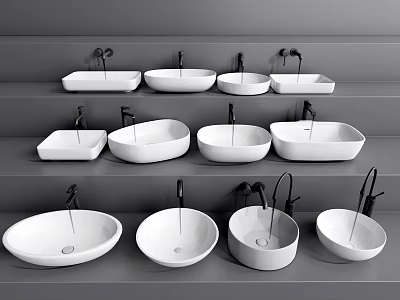 Modern Ceramic Washbasins With Various Shapes And Designs On Display Shelves 3d model