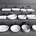 Modern Ceramic Washbasins With Various Shapes And Designs On Display Shelves