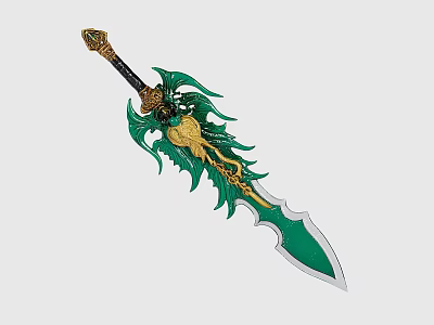 Artistic Sculpted Sword Featuring Green And Gold Dragon Design Ornate Hilt Detailed Carving 3d model