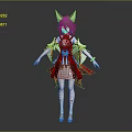 Anime Game Character With Fox Ears Traditional Red White Costume Gold Accents And Flowing Ribbons