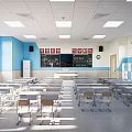 School Classroom Interior Layout With Desks Chairs Blackboard Lockers And Windows 3d model