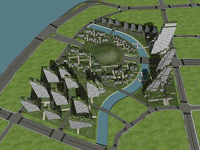 Modern Office Buildings Complex Featuring River Green Spaces And Urban Design 3d model