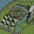 Modern Office Buildings Complex Featuring River Green Spaces And Urban Design