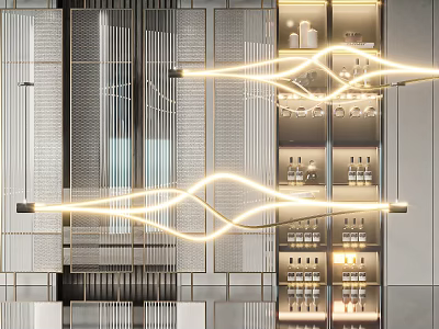 Modern Wave Design LED Chandelier In Contemporary Interior With Metallic Frames 3d model