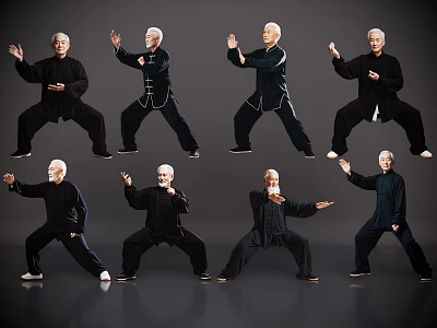 Elderly Man Practicing Tai Chi In Various Stances On Dark Background 3d model