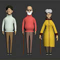 Game Movie Characters Young Man Elderly Couple Canes Standing Light Red Yellow Clothing Cartoon 3D