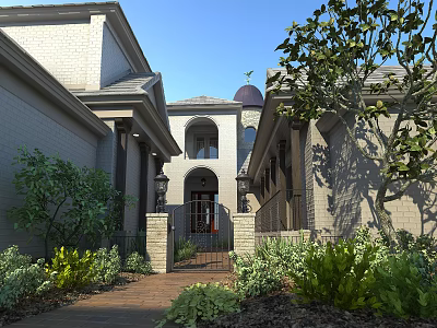 European Style Detached Villa With Arched Doorway Dome Brick Pathway And Garden Plants 3d model