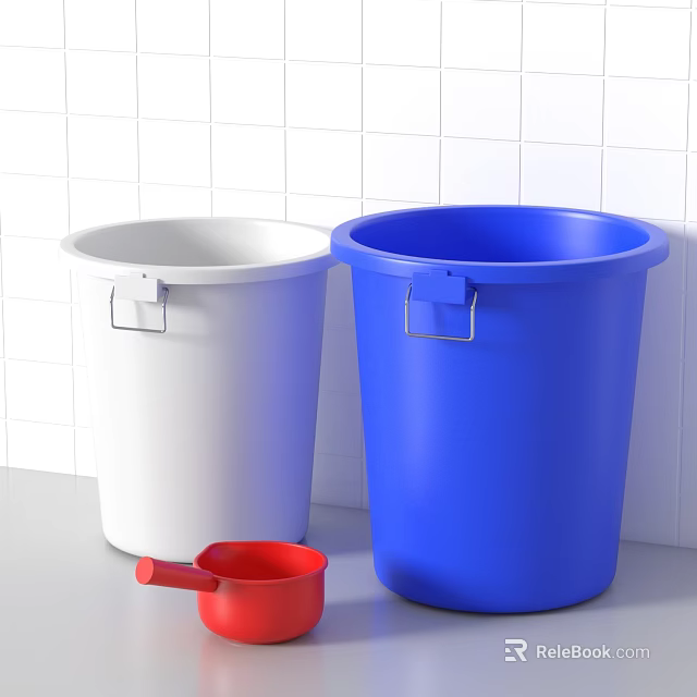White and Blue Plastic Trash Bins With Small Red Tool Against Tile Wall 3d model