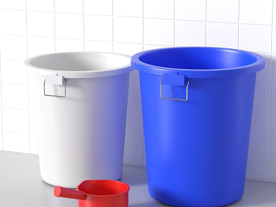 White and Blue Plastic Trash Bins With Small Red Tool Against Tile Wall 3d model