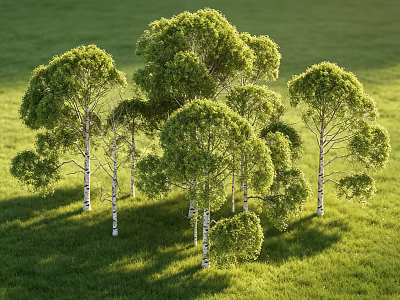 Sunlit Trees With White Trunks Lush Foliage On Green Grassland Vibrant Natural Scene 3d model