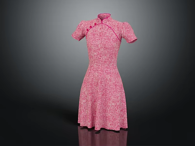 Pink Cheongsam Dress with Short Sleeves Floral Pattern and Traditional Button Details 3d model