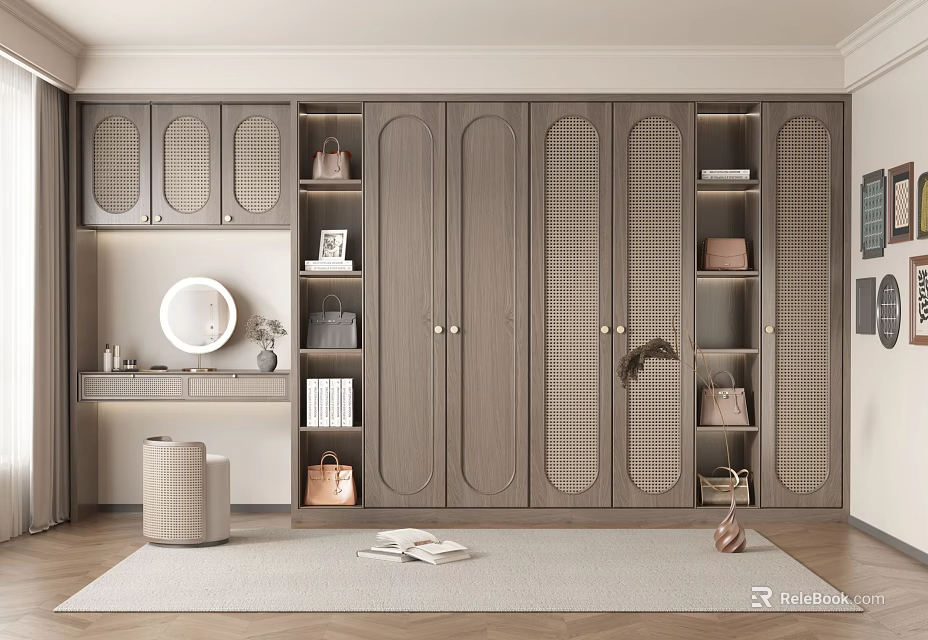 Modern Gray Wardrobe Interior With Lattice Door Design Dressing Table Mirror Bags And Books 3d model 