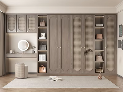 Modern Gray Wardrobe Interior With Lattice Door Design Dressing Table Mirror Bags And Books 3d model
