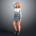Blonde Woman In Gray Long Sleeve Top And Plaid Skirt Standing With Hand On Head
