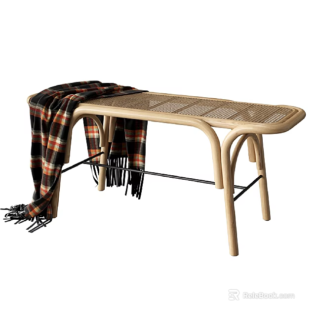 Stylish Wooden Lounge Chair with Woven Seat and Plaid Fringe Blanket 3d model 