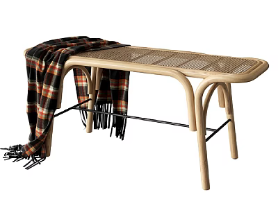 Stylish Wooden Lounge Chair with Woven Seat and Plaid Fringe Blanket 3d model