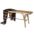 Stylish Wooden Lounge Chair with Woven Seat and Plaid Fringe Blanket
