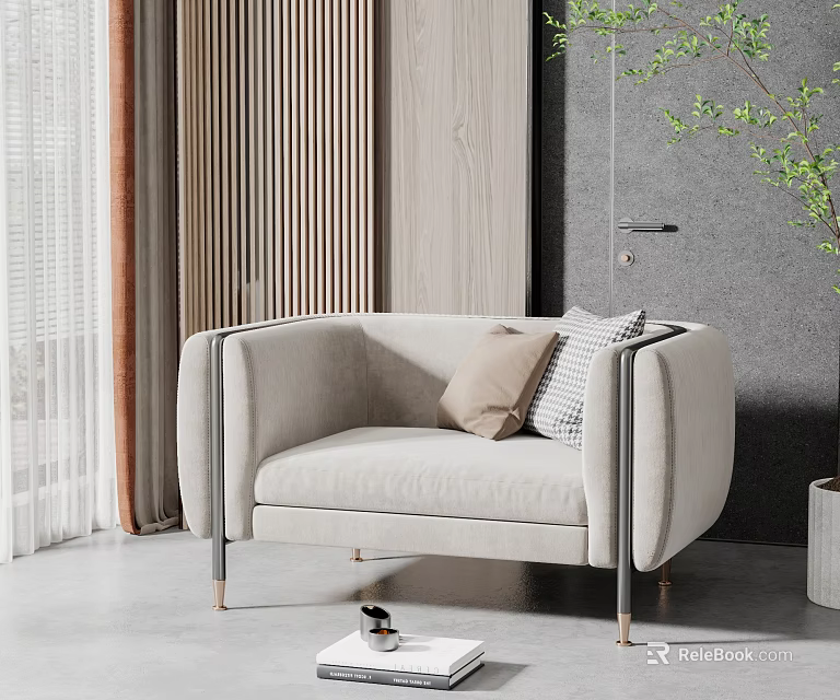 Modern Beige Single Sofa Interior Design With Metal Legs Decorative Pillows And Plant 3d model 