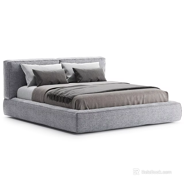 Modern Upholstered Gray Double Bed With Padded Headboard Pillows And Throw Blanket 3d model
