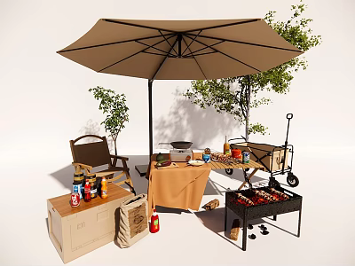 Outdoor Chair Setup With Umbrella Grill Drinks And Food In Garden Setting 3d model