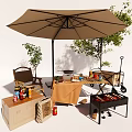 Outdoor Chair Setup With Umbrella Grill Drinks And Food In Garden Setting