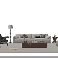 Beige Sofa And Wooden Coffee Table Set With Throw Pillows And Tabletop Items 3d model