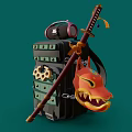 Black Backpack With Samurai Sword Fox Mask And Headphones On Green Background