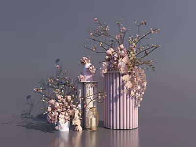Elegant Decorative Ornament Set With Pink Flowers Branches And Cylindrical Vases 3d model