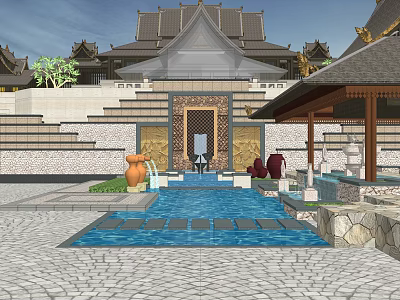 Ancient Chinese Architecture Courtyard With Central Pool Stone Steps Upturned Eaves And Fountain 3d model