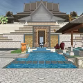 Ancient Chinese Architecture Courtyard With Central Pool Stone Steps Upturned Eaves And Fountain