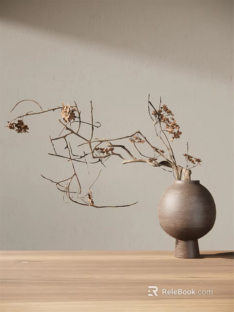 Dried Flowers And Branches In Brown Ceramic Vase On Light Beige Wall 3d model 