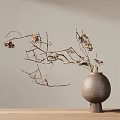 Dried Flowers And Branches In Brown Ceramic Vase On Light Beige Wall