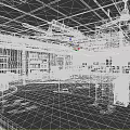 Messy Abandoned Canteen Interior With Scattered Trash Red Boxes Ceiling Fans And Pillars