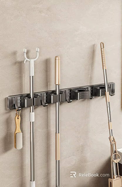 Wall Mounted Metal Bathroom Organizer Rack Holds Mops Brooms And Cleaning Brushes 3d model 