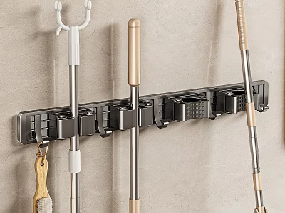 Wall Mounted Metal Bathroom Organizer Rack Holds Mops Brooms And Cleaning Brushes 3d model