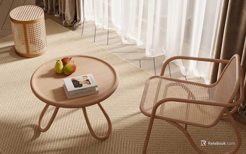 Round Woven Coffee Table With Fruit And Book Next To Rattan Chair On Carpet 3d model 