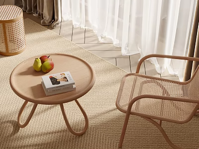 Round Woven Coffee Table With Fruit And Book Next To Rattan Chair On Carpet 3d model