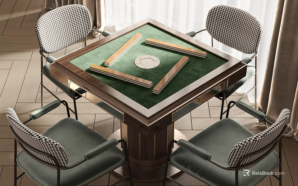 Modern Entertainment Table with Green Surface Mahjong Tiles and Chairs Around 3d model 