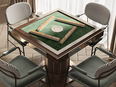 Modern Entertainment Table with Green Surface Mahjong Tiles and Chairs Around 3d model