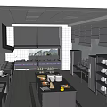 Commercial Kitchen With Stainless Steel Worktable Cabinets Sink Refrigerator Shelves And Ceiling Lights