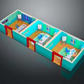 Medical Ward Interior Layout With Multiple Rooms Beds Windows Doors Blue Walls And Red Floors