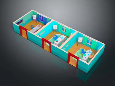 Medical Ward Interior Layout With Multiple Rooms Beds Windows Doors Blue Walls And Red Floors 3d model