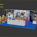 Exhibition Booth Interior With Blue Carpet White Reception Desk And Large Screen Showing People Interacting